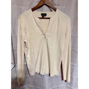 Lauren Jeans Company Ralph Lauren Cream Henley Ribbed Knit V Neck‎ Top XL Cotton
